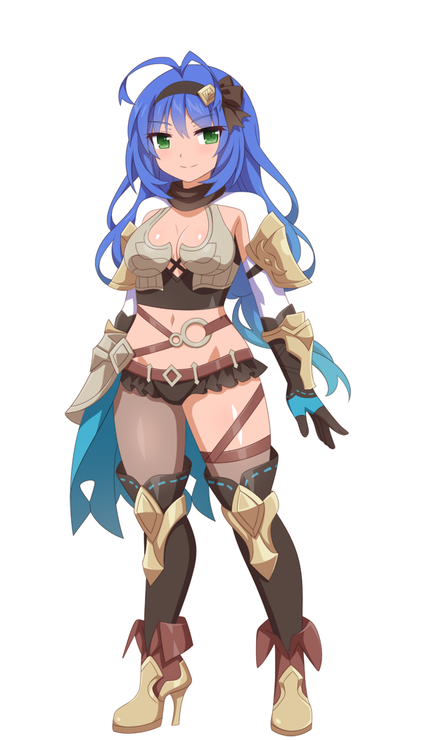 wanaca, game cg, official art, 1girl, antenna hair, arcadia (legends of talia: arcadia), arm cuffs, belt, blue hair, bracer, breasts, crop top, full body, gloves, gradient hair, green eyes, half-skirt, kneehighs, legends of talia: arcadia, multicolored hair, ponytail, scarf, smile, socks, sprite, standing, wavy hair