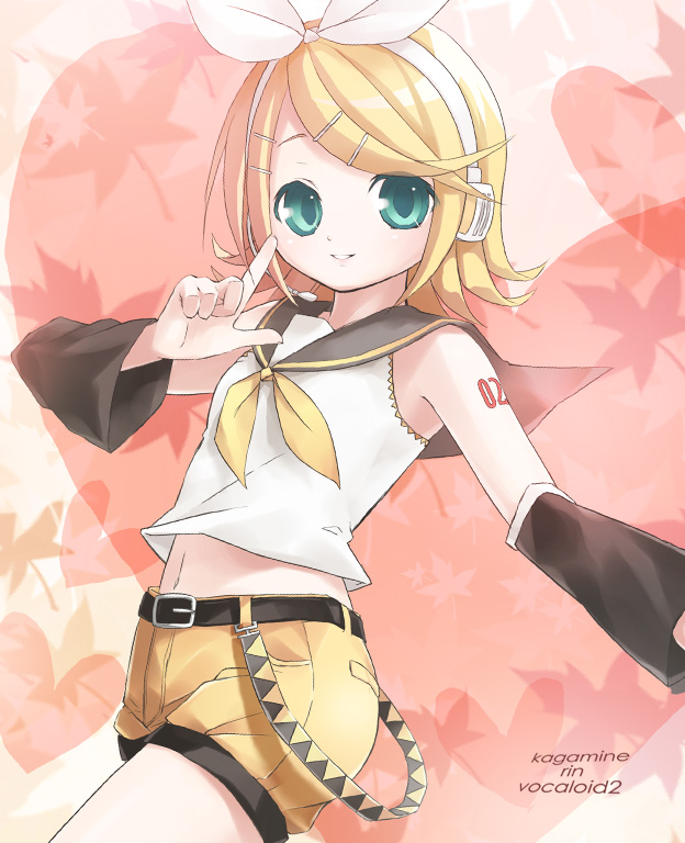 kimishima ao, kagamine rin, vocaloid, 1girl, aqua eyes, belt, blonde hair, blouse, bow, detached sleeves, female focus, grin, hair ornament, hairclip, headphones, headset, heart, leaf, looking at viewer, maple leaf, midriff, navel, shirt, short hair, short shorts, shorts, sleeveless, sleeveless shirt, smile, solo, swept bangs, white shirt