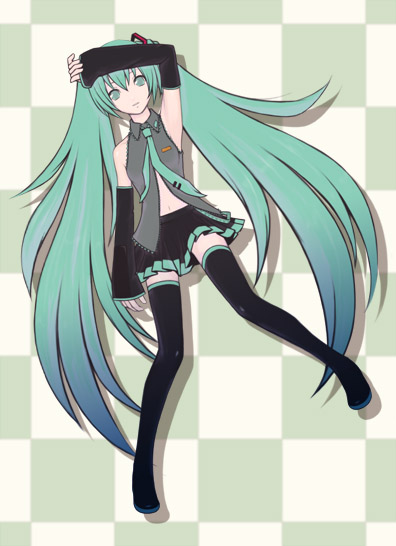 mamoru (arizona), hatsune miku, vocaloid, 1girl, aqua hair, female focus, long hair, skirt, solo, thighhighs, twintails, very long hair, zettai ryouiki