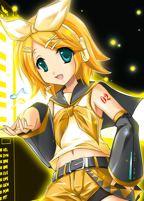 maho (yakimorokoshi), mashuu (masyu), kagamine rin, kagamine rin (if), vocaloid, 1girl, :d, aqua eyes, belt, blonde hair, blouse, bow, detached sleeves, female focus, fireflies, hair ornament, hairclip, headphones, headset, musical note, open mouth, shirt, shorts, sleeveless, sleeveless shirt, smile, solo