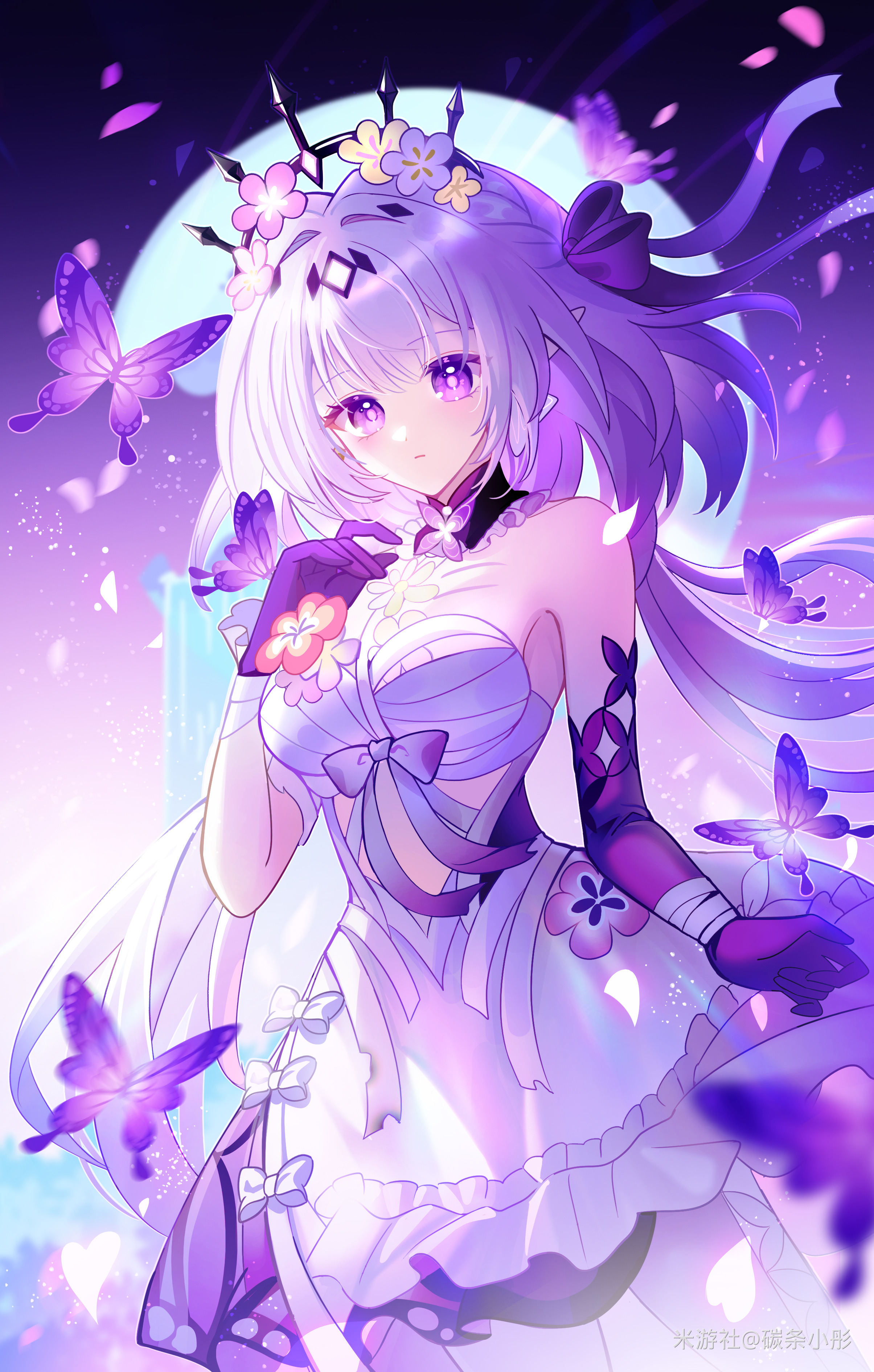 castorice (honkai: star rail), honkai: star rail, honkai (series), absurdres, chinese commentary, commentary request, highres, 1girl, asymmetrical gloves, bare shoulders, black tiara, breasts, bug, butterfly, crescent moon, dress, elbow gloves, falling petals, flower, gloves, hair flower, hair ornament, insect, long hair, medium breasts, miyoushe watermark, moon, night, night sky, outdoors, pantyhose, petals, pointy ears, purple eyes, purple gloves, purple hair, sky, solo, tantiao xiaotong, tiara, uneven gloves, very long hair, watermark, white dress, white pantyhose