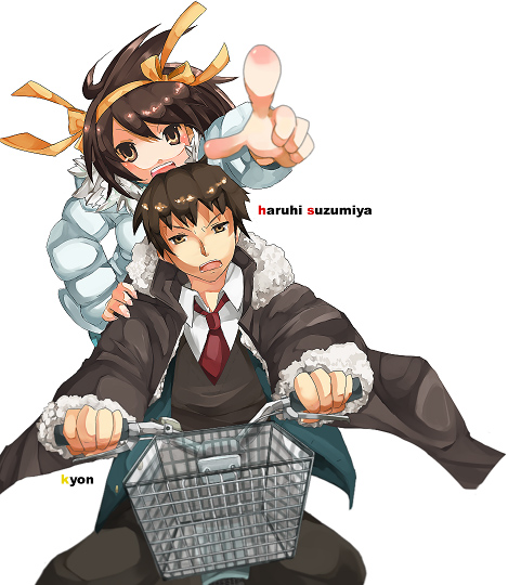 kyon, suzumiya haruhi, suzumiya haruhi no yuuutsu, 00s, 1boy, 1girl, bicycle, blazer, brown coat, brown eyes, brown hair, brown pants, character name, coat, collared shirt, foreshortening, fur-trimmed coat, fur trim, hair ribbon, hand on another's shoulder, jacket, looking at viewer, multiple riders, necktie, open clothes, open coat, open mouth, outstretched arm, pants, pointing, pointing at viewer, red necktie, ribbon, riding, shirt, simple background, vest, white background, white coat, white shirt, yellow ribbon