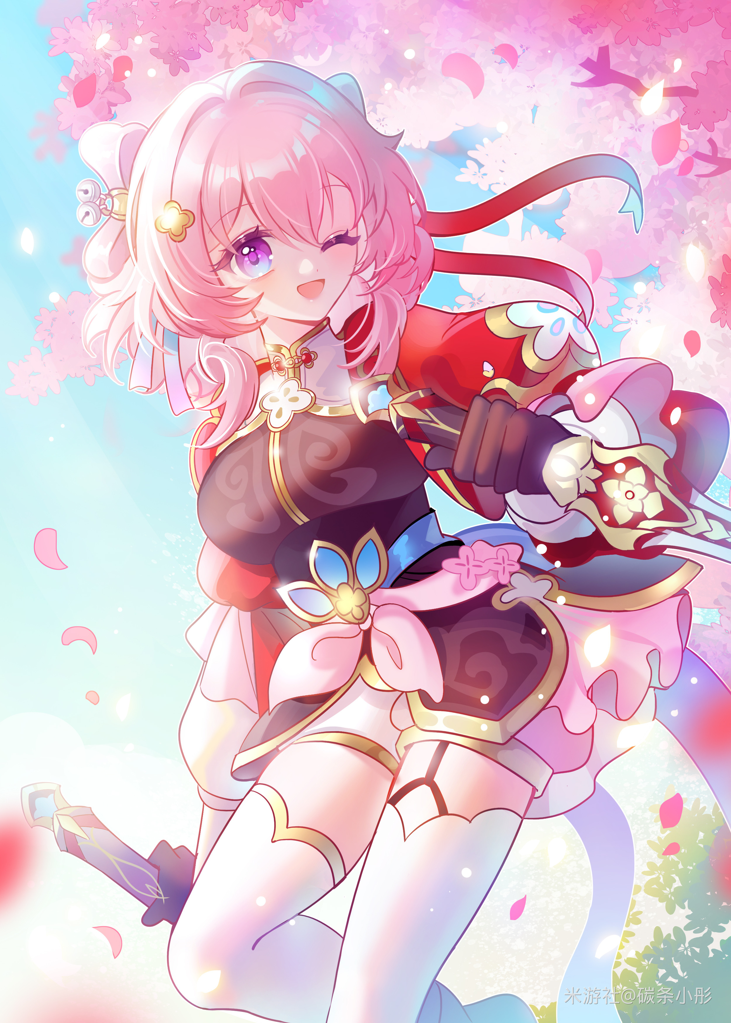 march 7th (honkai: star rail), march 7th (hunt) (honkai: star rail), honkai: star rail, honkai (series), absurdres, chinese commentary, commentary request, highres, 1girl, ;o, black dress, black gloves, blue sky, breasts, cherry blossoms, dress, gloves, hair ornament, holding, holding sword, holding weapon, large breasts, medium hair, miyoushe watermark, multicolored eyes, one eye closed, outdoors, pink hair, sky, solo, sword, tantiao xiaotong, thighhighs, thighs, two-tone eyes, watermark, weapon, white thighhighs