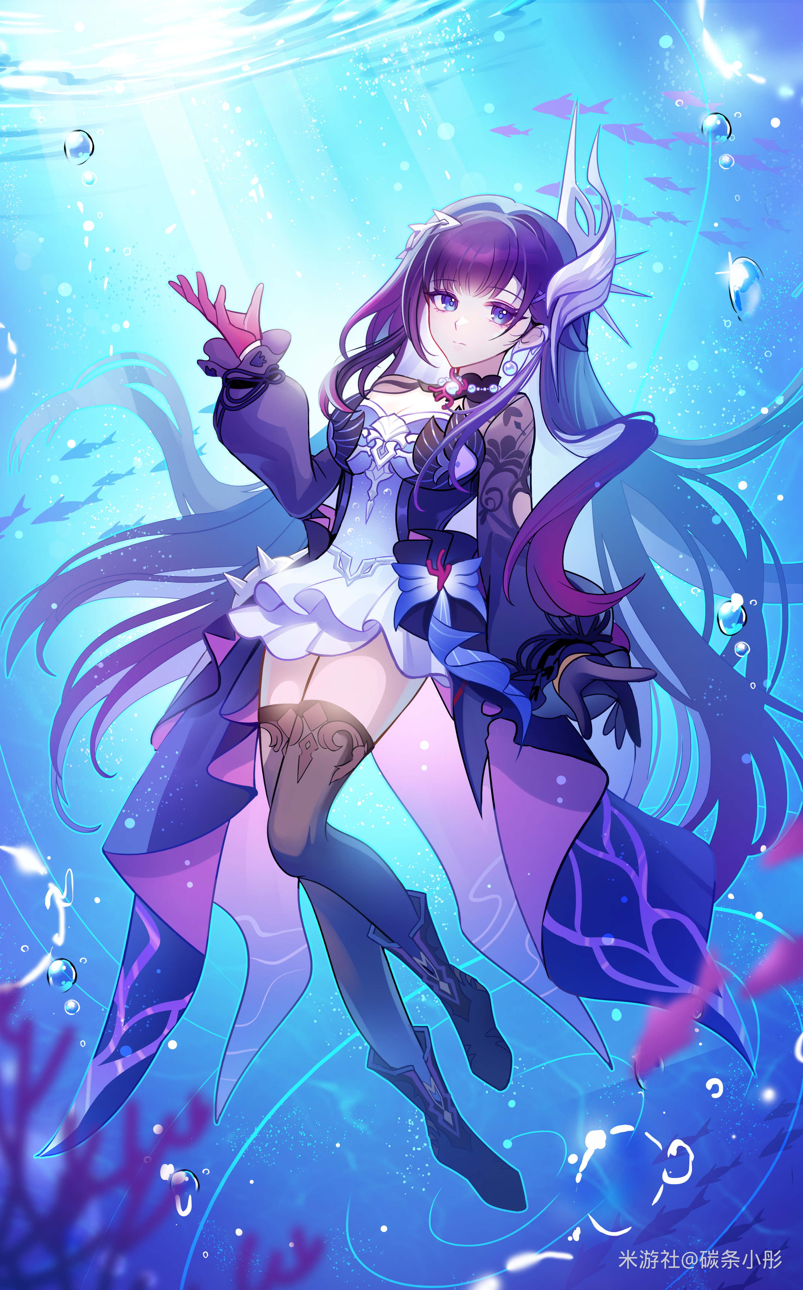 hysilens (honkai: star rail), honkai: star rail, honkai (series), absurdres, highres, 1girl, air bubble, asymmetrical gloves, black gloves, black hair, black thighhighs, blue dress, blue eyes, breasts, bubble, dress, fish, gloves, hair ornament, large breasts, long hair, mismatched gloves, miyoushe watermark, red gloves, shrug (clothing), solo, tantiao xiaotong, thighhighs, thighs, underwater, very long hair, watermark, zettai ryouiki