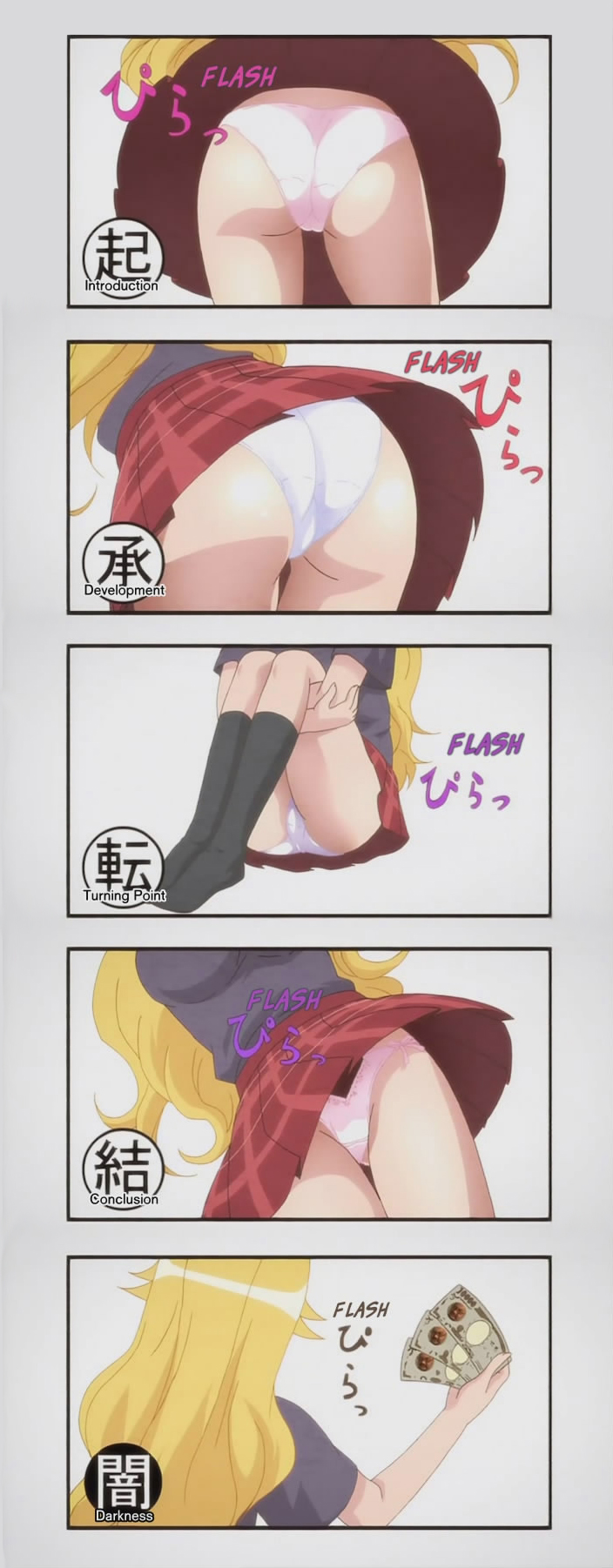 kimura kaere, sayonara zetsubou sensei, anime screenshot, highres, long image, tall image, 00s, 5koma, blonde hair, comic, eyecatch, from behind, long hair, miniskirt, panties, pantyshot, pleated skirt, sitting, skirt, socks, underwear