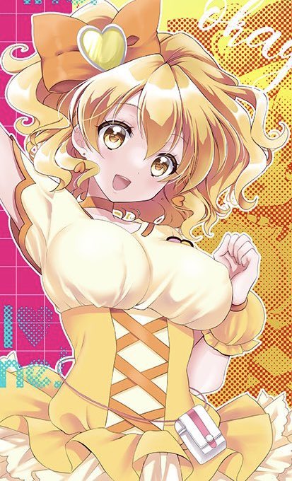 okayashi, cure pine, yamabuki inori, fresh precure!, precure, 1girl, blonde hair, breasts, brooch, choker, clover ornament, colorful background, covered erect nipples, dress, earrings, hair ornament, heart, heart brooch, heart hair ornament, jewelry, looking at viewer, magical girl, medium breasts, open mouth, orange choker, pouch, short hair, smile, wrist cuffs, yellow eyes