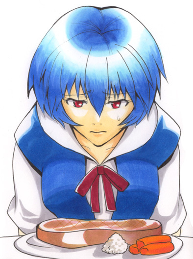 ayanami rei, neon genesis evangelion, blue hair, food, meat, raised eyebrows, red eyes, sad, school uniform, serafuku, short hair, solo