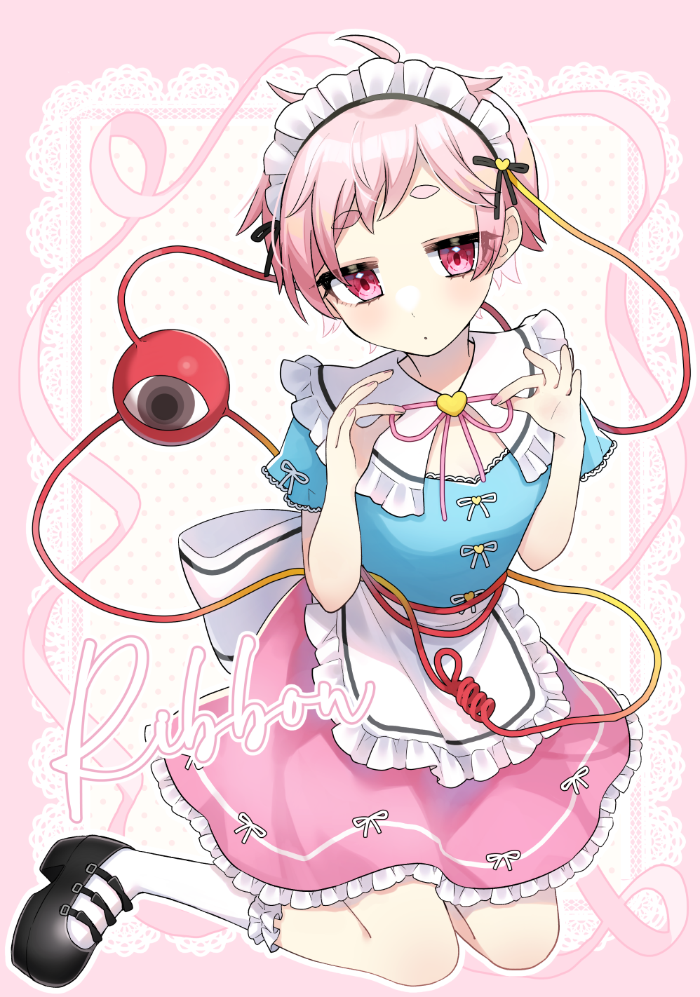 kuroda (chokobo 314), komeiji satori, touhou, commentary request, highres, 1girl, adapted costume, alternate costume, apron, back bow, blue shirt, blush, bow, breasts, buttons, embellished costume, enmaided, expressionless, eyeball, eyes visible through hair, frilled shirt collar, frills, full body, hands up, heart button, kneehighs, kneeling, leaning forward, looking at viewer, maid, mary janes, messy hair, pink background, pink eyes, pink hair, pink ribbon, pink skirt, ribbon, shirt, shoes, short bangs, short sleeves, simple background, skirt, small breasts, socks, solo, third eye, waist apron, white apron