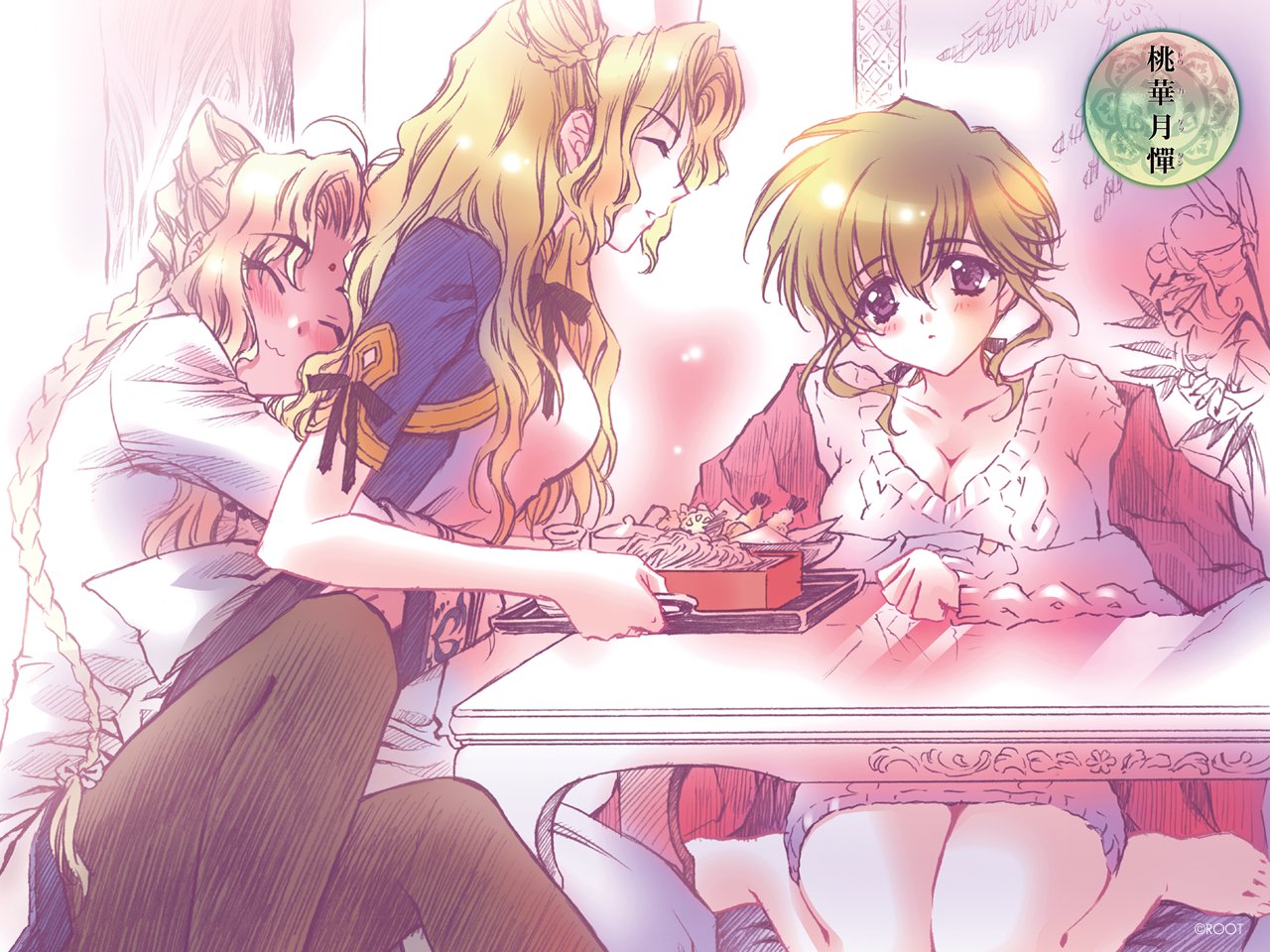 carnelian, kamiazuma yumiko, midou kaya, midou nene, touka gettan, 00s, 3girls, :3, barefoot, bento, blonde hair, braid, breasts, cleavage, closed eyes, dark-skinned female, dark skin, dress, facial mark, food, forehead mark, hug, medium breasts, multiple girls, pantyhose, purple eyes, siblings, sisters, sweater, sweater dress