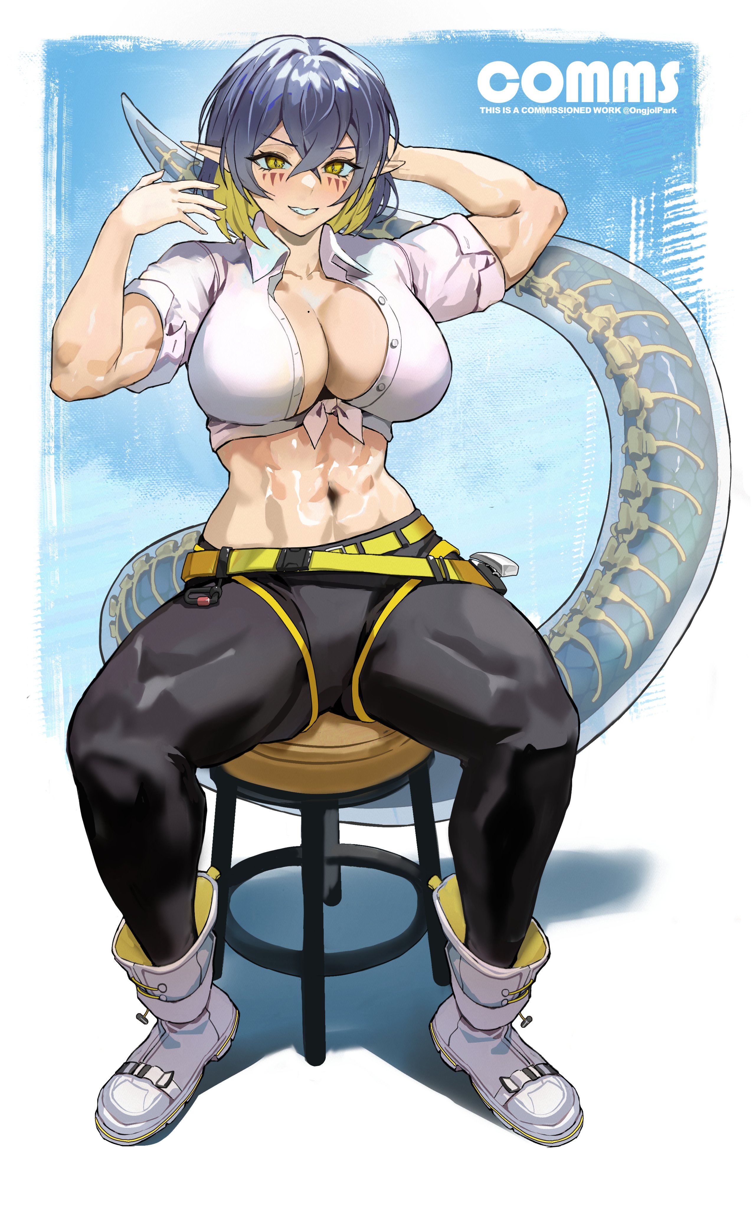 park ongjol, original, absurdres, character request, commentary, commission, english commentary, highres, 1girl, abs, arm behind head, belt, black leggings, black shorts, blonde hair, blue hair, blue tail, bone, boots, breasts, buckle, cleavage, collared shirt, colored inner hair, crossed bangs, dress shirt, facial mark, full body, hair between eyes, hand up, large breasts, leggings, leggings under shorts, long tail, mark under both eyes, monster girl, multicolored hair, multiple belts, navel, no bra, on stool, open clothes, open shirt, pointy ears, scales, see-through tail, shirt, short hair, short shorts, short sleeves, shorts, sitting, slit pupils, smile, snake tail, snap-fit buckle, solo, stomach, stool, tail, tied shirt, toned, toned female, triangle, triangle facial mark, two-tone hair, unbuttoned, unbuttoned shirt, utility belt, v-shaped eyebrows, white boots, white shirt, yellow belt, yellow eyes