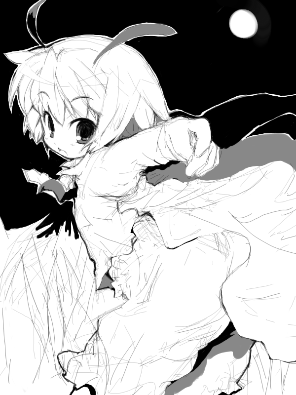 midori ya, ozaki, wriggle nightbug, touhou, 1girl, antennae, cape, female focus, greyscale, monochrome, oekaki, solo