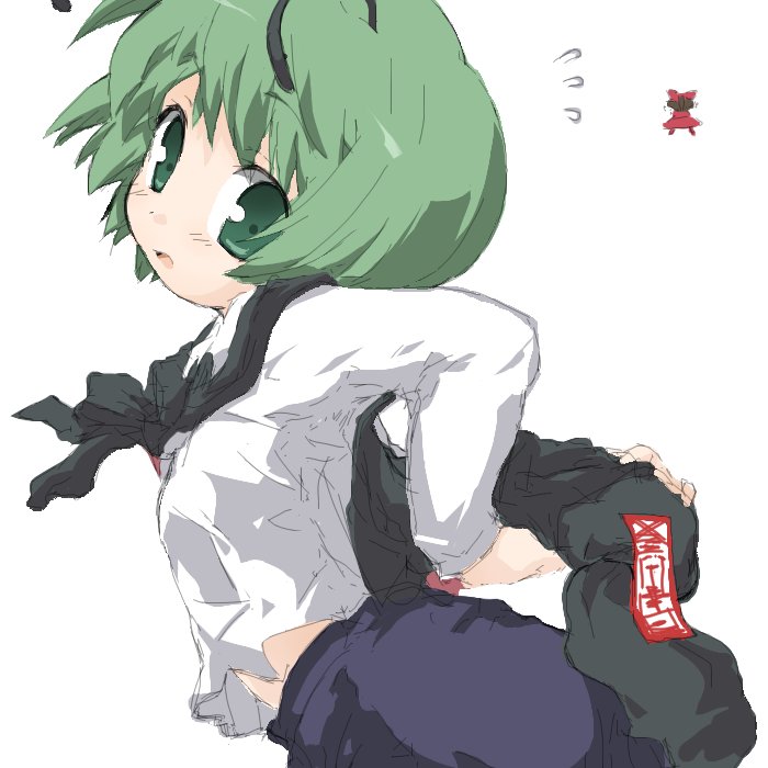 midori ya, ozaki, wriggle nightbug, touhou, 1girl, antennae, bow, brown hair, cape, female focus, green eyes, green hair, hair bow, matching hair/eyes, oekaki, solo