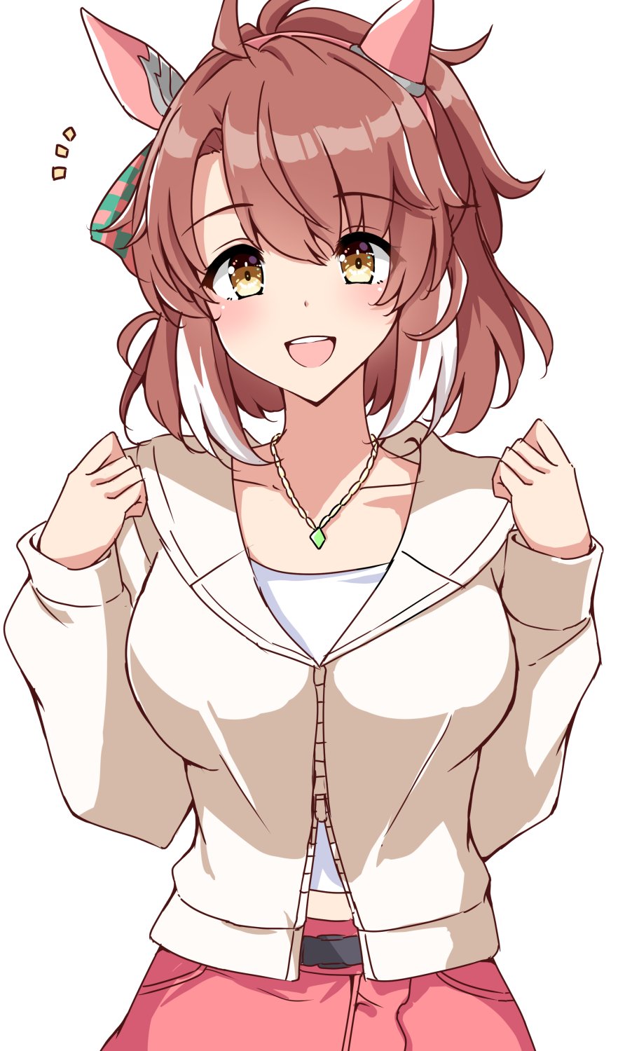 yukiya (shiya), dantsu flame (umamusume), umamusume, highres, 1girl, ahoge, animal ears, belt, breasts, brown hair, casual, ear covers, hairband, happy, horse ears, horse girl, jacket, jewelry, large breasts, multicolored hair, necklace, pink hairband, pink skirt, ponytail, skirt, solo, two-tone hair, white jacket, yellow eyes, zipper