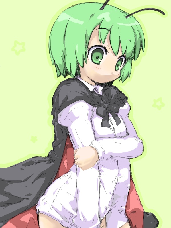 midori ya, ozaki, wriggle nightbug, touhou, 1girl, antennae, cape, female focus, green eyes, green hair, matching hair/eyes, no panties, oekaki, solo