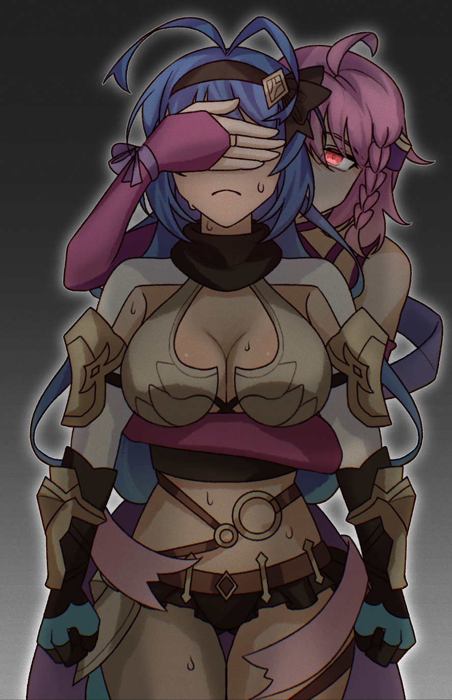 artist request, commission, commissioner upload, highres, non-web source, 2girls, antenna hair, arcadia (legends of talia: arcadia), arm cuffs, belt, blue hair, bracer, braid, breasts, cecily rhodes, covering another's eyes, crop top, detached sleeves, gloves, gradient hair, half-skirt, hug, hug from behind, kneehighs, legends of talia: arcadia, multicolored hair, multiple girls, pink eyes, pink hair, ponytail, scarf, shawl, side braid, socks, sweatdrop, wavy hair, yandere, yuri