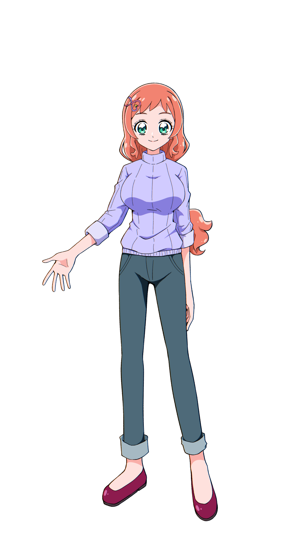 @est@, inukai iroha, precure, wonderful precure!, commentary, highres, 1girl, aged up, alternate hair length, alternate hairstyle, arm at side, blue pants, breasts, closed mouth, denim, flats, full body, green eyes, hair ornament, hairclip, heart, heart hair ornament, jeans, large breasts, legs apart, long hair, long sleeves, looking at viewer, low-tied long hair, open hand, orange hair, pants, pants rolled up, pink lips, purple sweater, red shoes, ribbed sweater, shoes, sleeves rolled up, smile, solo, split mouth, spread fingers, standing, sweater, transparent background, turtleneck, turtleneck sweater, very long hair