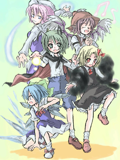 suichuu hanabi, cirno, letty whiterock, mystia lorelei, rumia, wriggle nightbug, touhou, 5girls, antennae, blonde hair, blue eyes, blue hair, bow, cape, dress, female focus, fusuma, green eyes, hair bow, hat, ice, multiple girls, oekaki, pink hair, red eyes, sliding doors, team 9 (touhou), wings