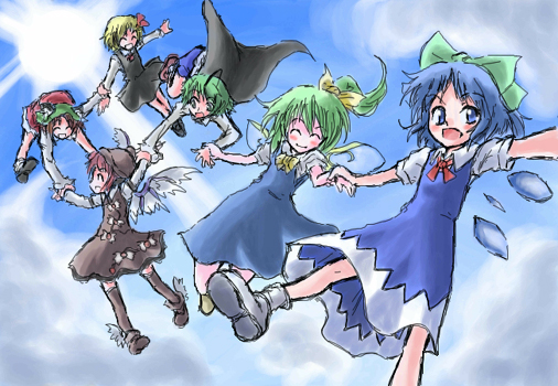 suichuu hanabi, chen, cirno, daiyousei, mystia lorelei, rumia, wriggle nightbug, touhou, 6+girls, animal ears, antennae, blonde hair, blue eyes, blue hair, bow, brown hair, cape, cat ears, cat girl, closed eyes, dress, fairy wings, female focus, foreshortening, fusuma, green eyes, green hair, hair bow, ice, multiple girls, oekaki, pink hair, ponytail, red eyes, sliding doors, team 9 (touhou), thighhighs, wings