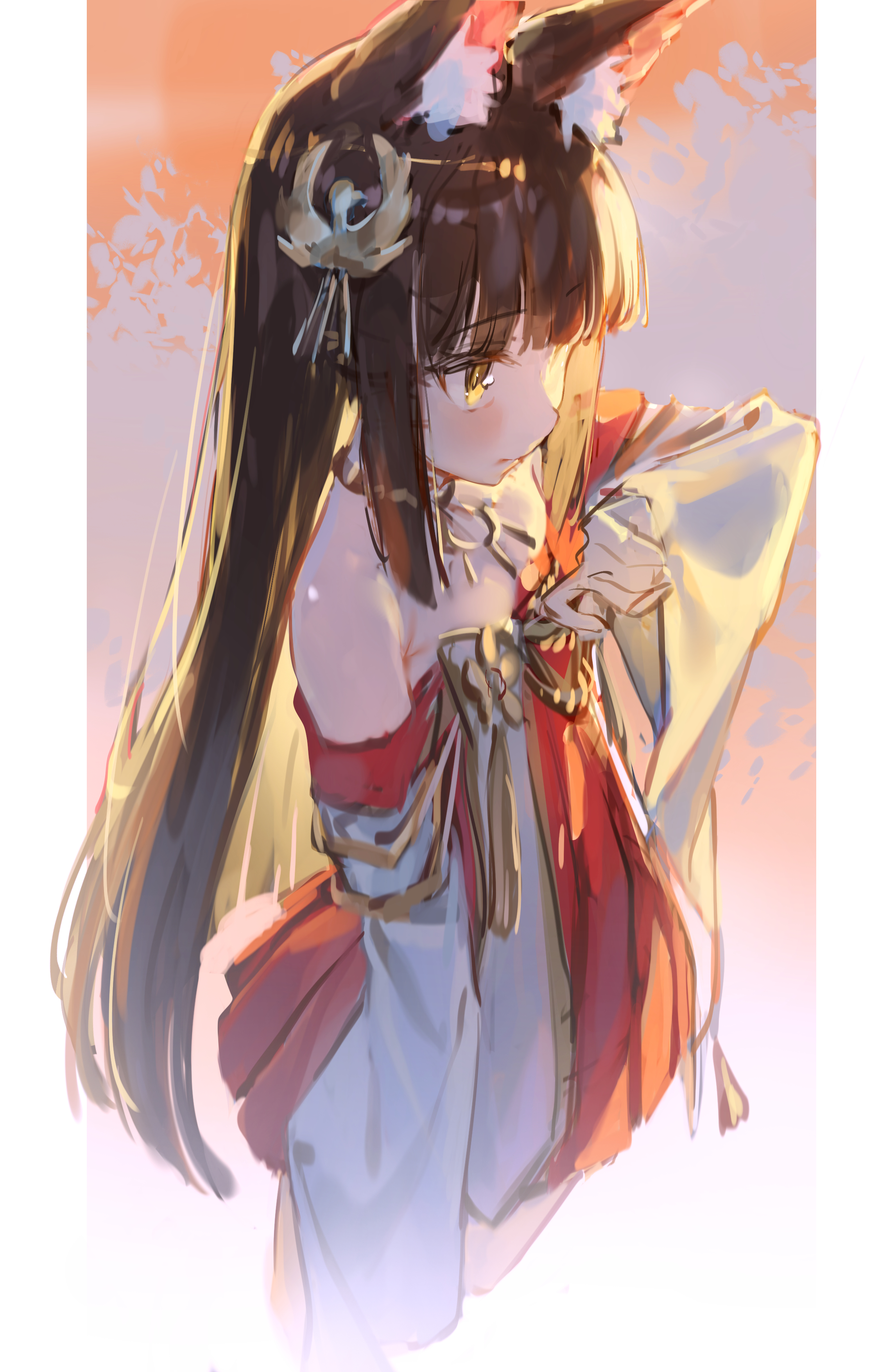 yu hydra, nagato (azur lane), azur lane, absurdres, commentary, highres, 1girl, animal ears, closed mouth, dress, fox ears, long hair, short dress, solo, yellow eyes