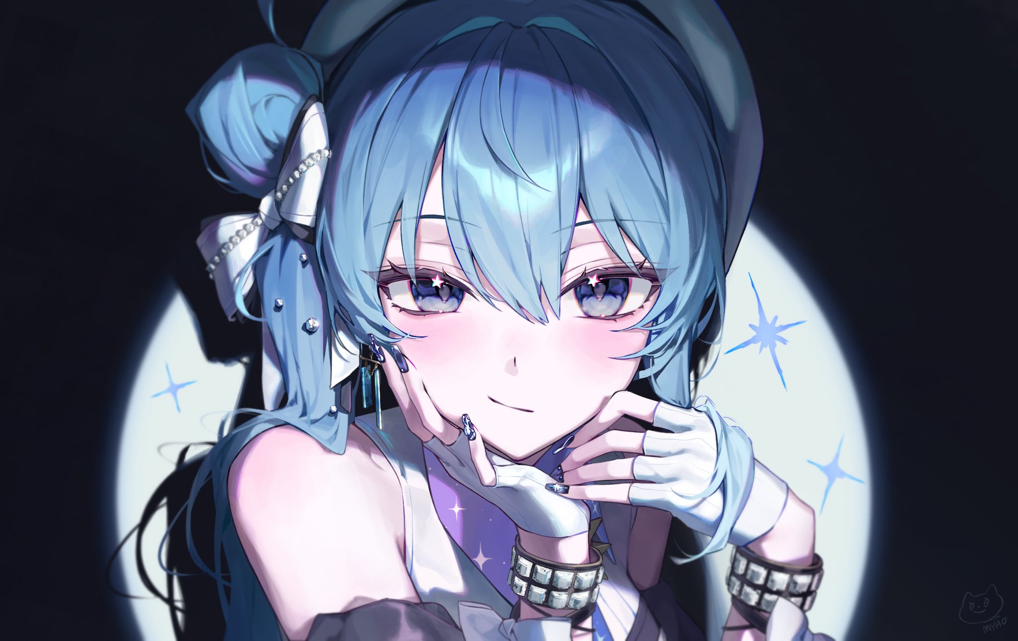 myao (myaodayone), hoshimachi suisei, hololive, hashtag-only commentary, highres, 1girl, beads, black nails, blue eyes, blue hair, blush, bracelet, fingerless gloves, gloves, hair beads, hair bun, hair ornament, hat, jewelry, looking at viewer, shirt, solo, star (symbol), star in eye, swept bangs, symbol in eye, virtual youtuber, white gloves, white hat, white shirt