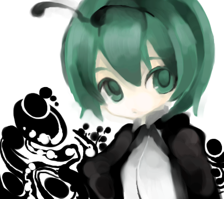 midori ya, wriggle nightbug, touhou, lowres, 1girl, antennae, cape, female focus, green eyes, green hair, matching hair/eyes, oekaki, solo