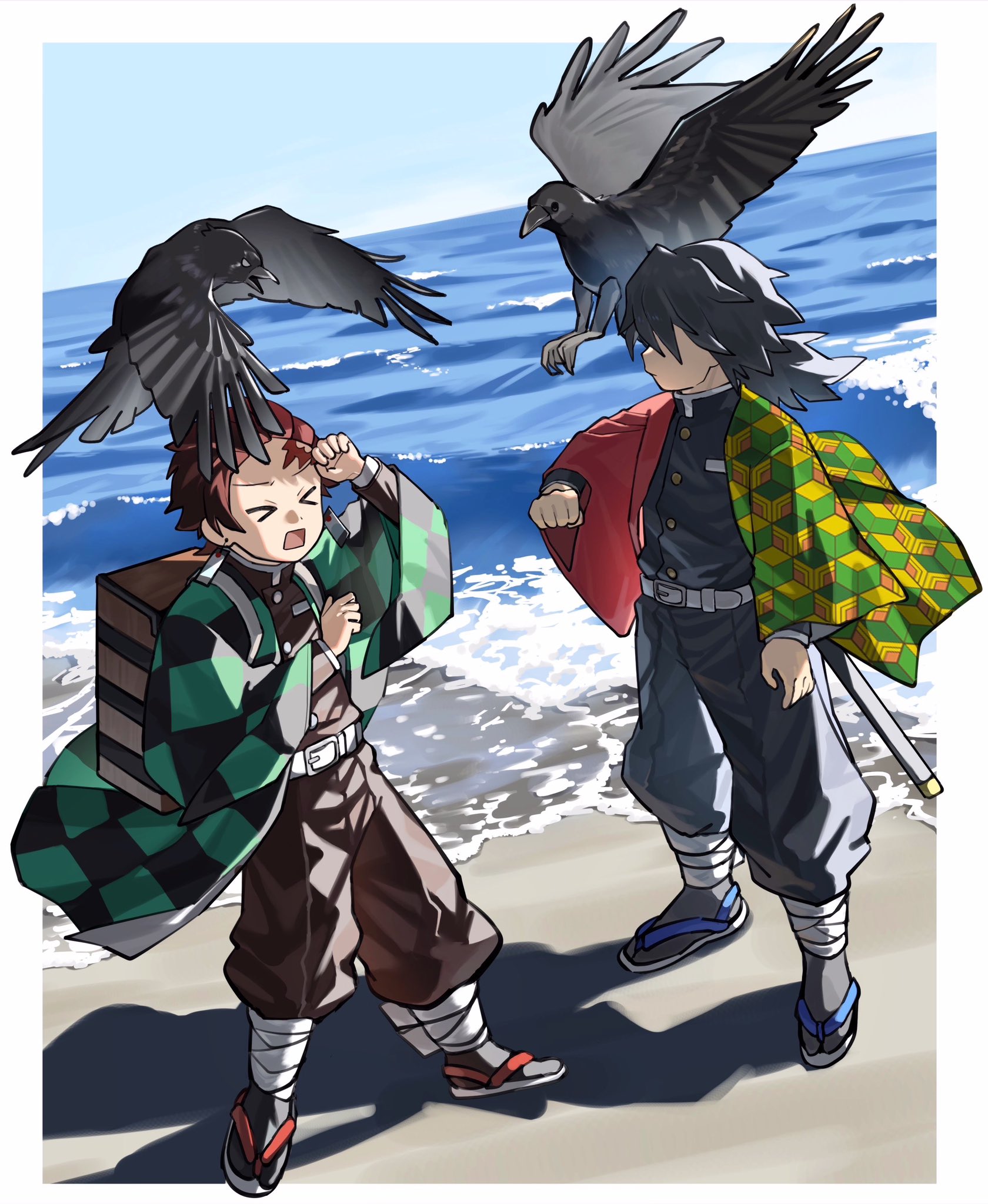 macchavanilla, kamado tanjirou, kanzaburou (kimetsu no yaiba), tomioka giyuu, kimetsu no yaiba, highres, 2boys, beach, belt, bird, black hair, black jacket, black pants, blue sky, brown hair, buttons, closed eyes, cloud, crow, demon slayer uniform, full body, gold buttons, hand up, haori, jacket, japanese clothes, kikkoumon, low ponytail, male focus, multiple boys, ocean, open mouth, pants, ponytail, print haori, profile, red haori, short hair, sky, spiked hair, standing, sweatdrop, tennouji matsuemon, white belt