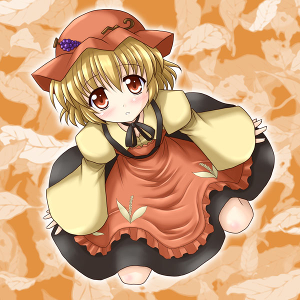 bococho, aki minoriko, touhou, 1girl, blonde hair, blush, female focus, food, fruit, grapes, hat, looking up, orange eyes, short hair, solo