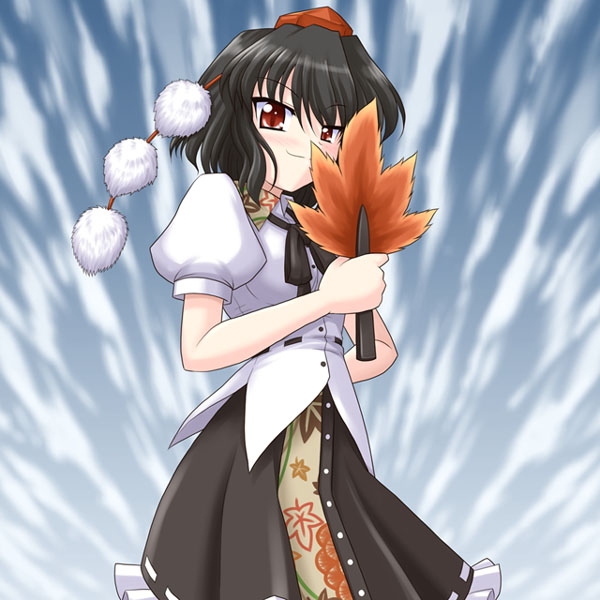bococho, shameimaru aya, touhou, 1girl, black hair, female focus, hand fan, hat, holding, holding fan, leaf, looking at viewer, red eyes, skirt, smile, solo, tokin hat