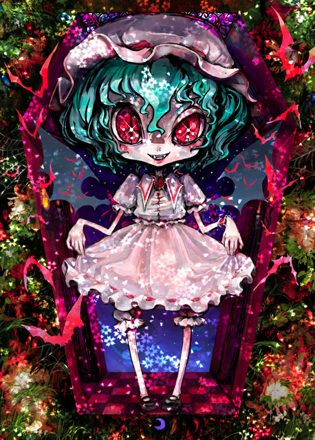 genocide kitten, genocidekitten, remilia scarlet, touhou, 1girl, bat wings, bloomers, blue hair, brooch, dress, female focus, hat, jewelry, red eyes, solo, underwear, wings
