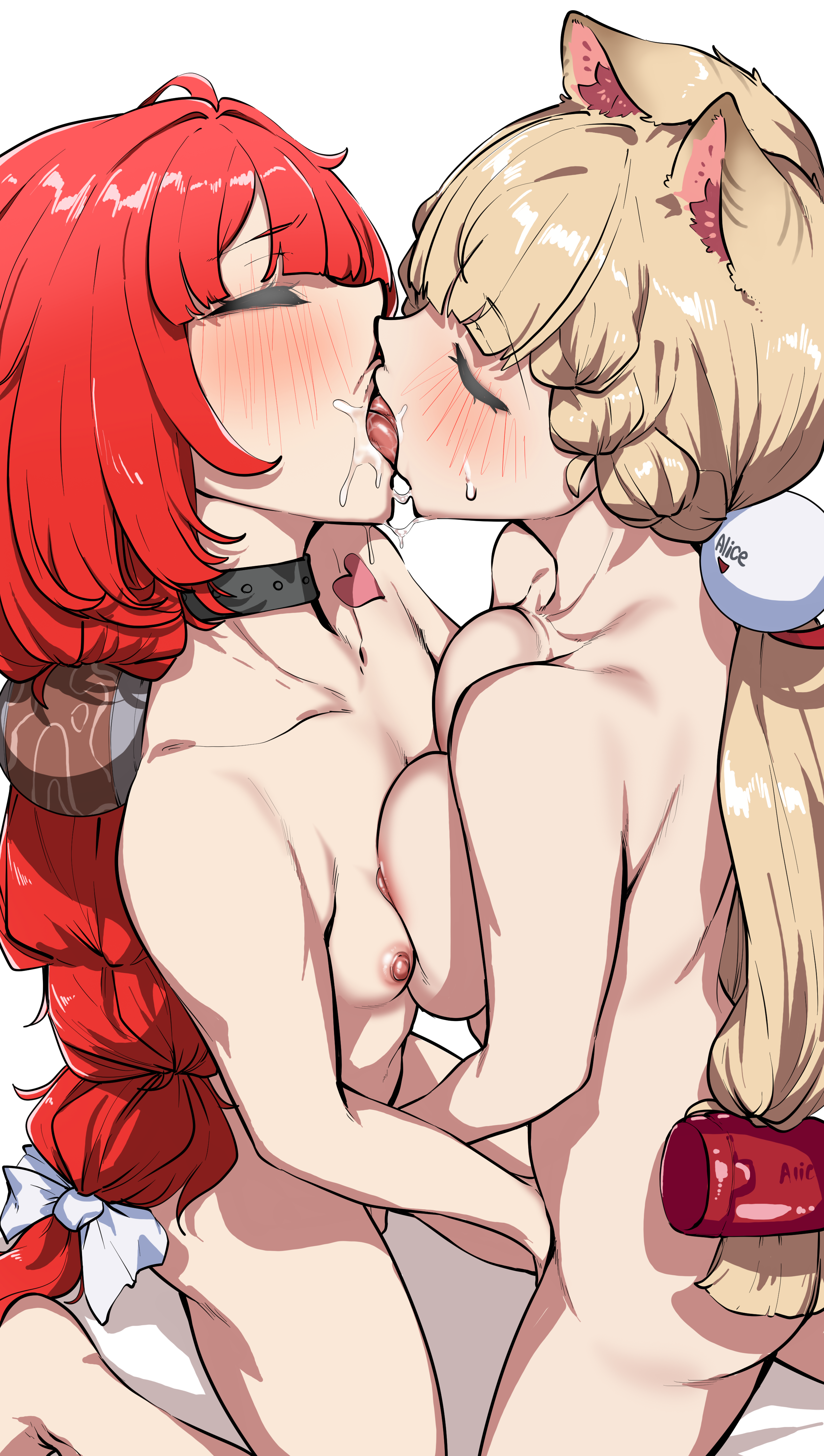 aobasuta100, alice thymefield, ukinami yuzuha, zenless zone zero, absurdres, highres, 2girls, animal ears, asymmetrical docking, blonde hair, blush, bow, braid, breast press, breasts, closed eyes, collarbone, completely nude, fingering, french kiss, from side, hair bow, heart, kiss, large breasts, long hair, multiple girls, nipples, nude, open mouth, rabbit ears, rabbit girl, red hair, sitting, small breasts, tongue, tongue out, white background, white bow, yuri