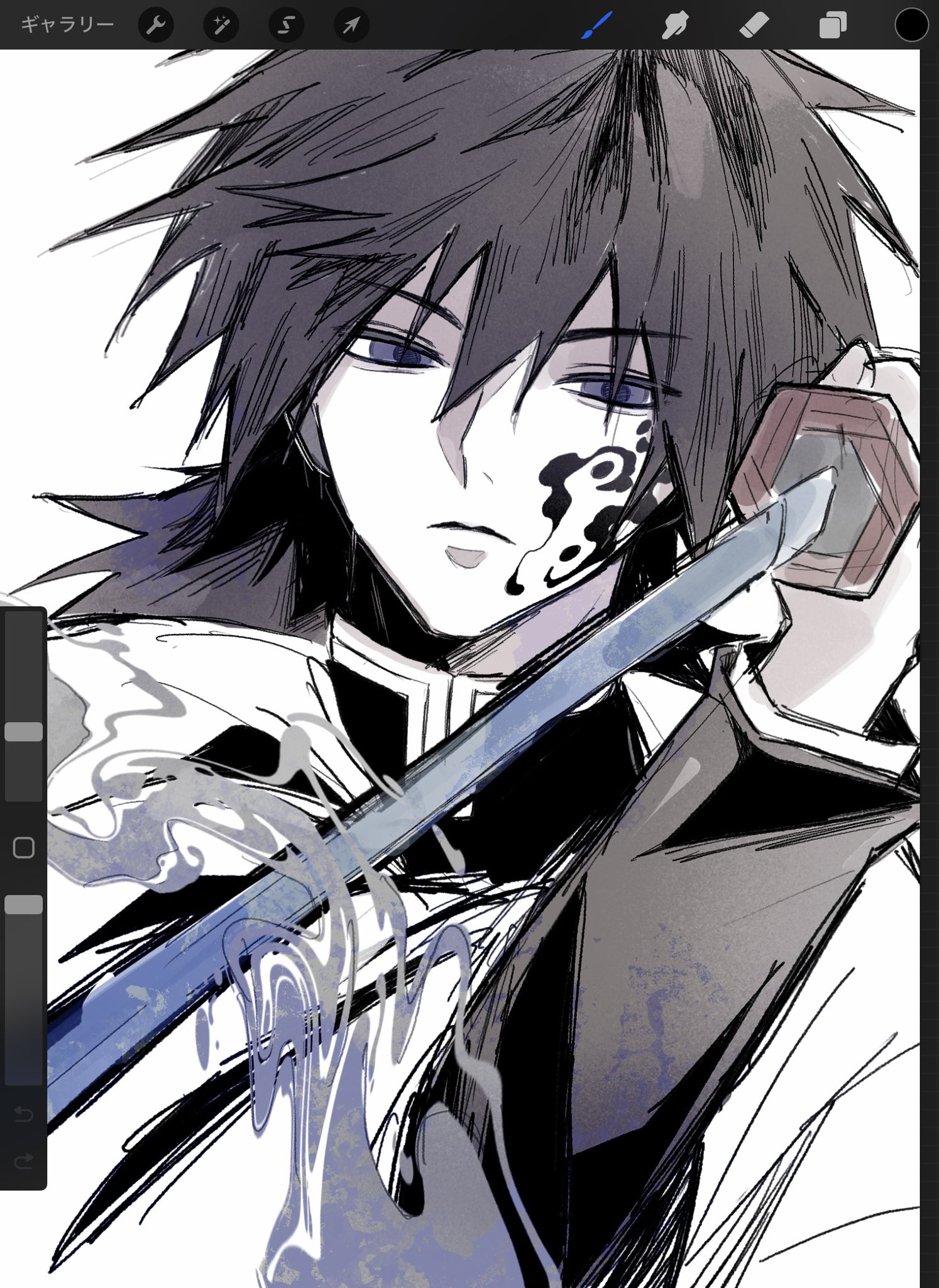 tomioka giyuu, kimetsu no yaiba, highres, 1boy, art program in frame, black hair, black jacket, blue eyes, closed mouth, demon slayer uniform, half-closed eyes, holding, holding sword, holding weapon, jacket, katana, kikkoumon, looking at viewer, low ponytail, male focus, n915o, ponytail, solo, spiked hair, sword, upper body, weapon