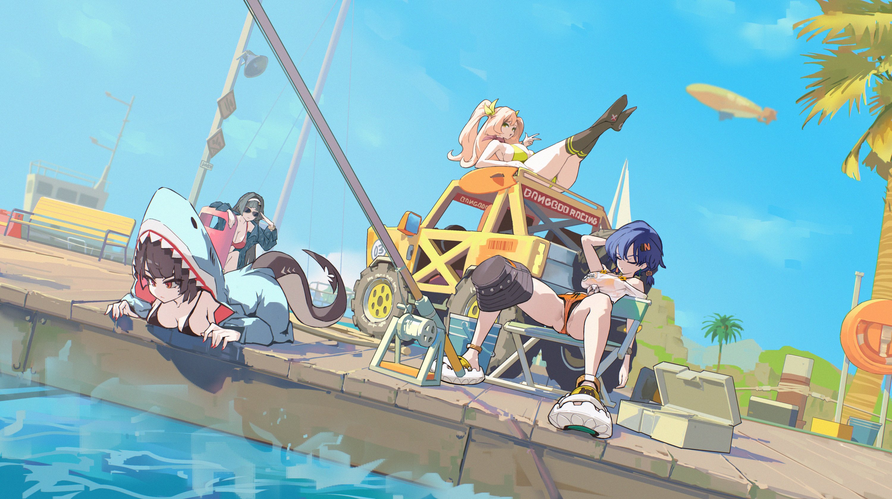 rimeye, astra yao, belle (summer skies) (zenless zone zero), belle (zenless zone zero), ellen joe, nicole demara, zenless zone zero, highres, 4girls, animal costume, bench, bikini, bikini top under shirt, black bikini, black hair, black socks, blue hair, blue sky, breasts, bucket hat, car, chair, closed eyes, colored inner hair, fins, fish hat, fish tail, fishing rod, glasses, green bikini, hair ornament, hair ribbon, hat, headband, hiding, legs up, letter hair ornament, lying, motor vehicle, multicolored hair, multiple girls, official alternate costume, on back, on car, orange shorts, palm tree, pink hair, red bikini, red eyes, red nails, ribbon, scar, scar on tail, see-through clothes, shark costume, shark girl, shark tail, ship, shorts, sitting, sky, socks, sunglasses, swimsuit, tail, trash can, tree, v, watercraft