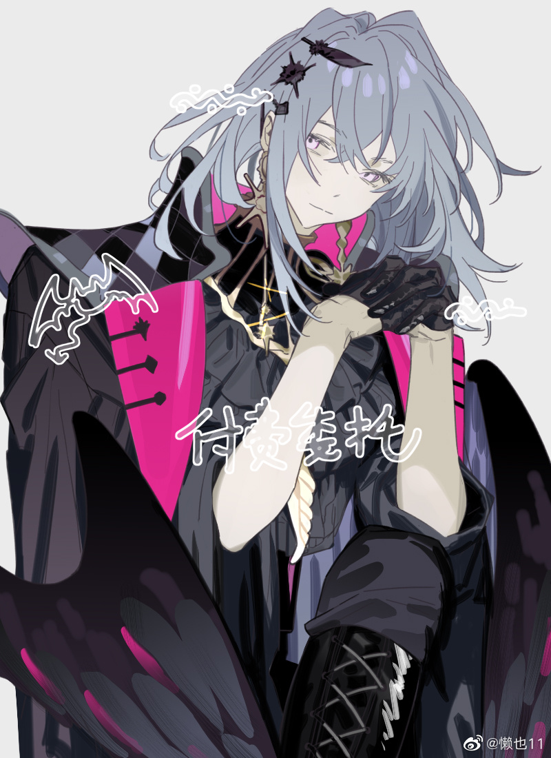 original, 1boy, ascot, black ascot, black boots, black coat, black gloves, black pants, black shirt, black wings, blue hair, boots, coat, coat on shoulders, earrings, feather hair ornament, feathered wings, feathers, gloves, hair between eyes, hair ornament, jewelry, knee up, lace-up boots, lanye11, looking to the side, male focus, medium hair, own hands together, pants, pink eyes, shirt, sidelocks, simple background, solo, watermark, wings