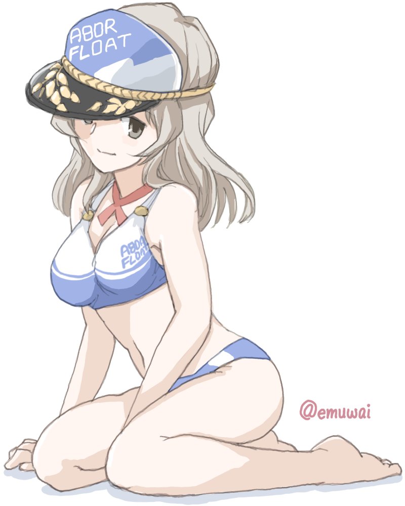 emuwai, houston (kancolle), houston (swimsuit) (kancolle), kantai collection, commentary request, 1girl, barefoot, bikini, blue bikini, breasts, brown eyes, cleavage, grey hair, kneeling, medium breasts, multicolored bikini, one-hour drawing challenge, simple background, solo, swimsuit, twitter username, two-tone bikini, visor cap, white background