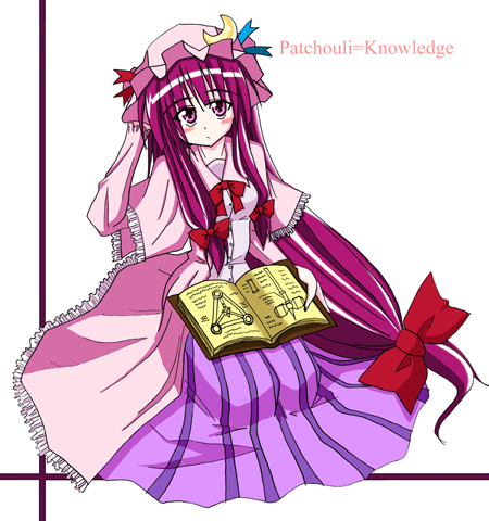 hikami shou, patchouli knowledge, touhou, striped, lowres, 1girl, blue ribbon, blush, book, bow, capelet, crescent, crescent hair ornament, female focus, full body, hair bow, hair ornament, hat, hat ribbon, long hair, looking at viewer, mob cap, purple eyes, purple hair, red bow, red ribbon, ribbon, simple background, sitting, solo, very long hair, white background