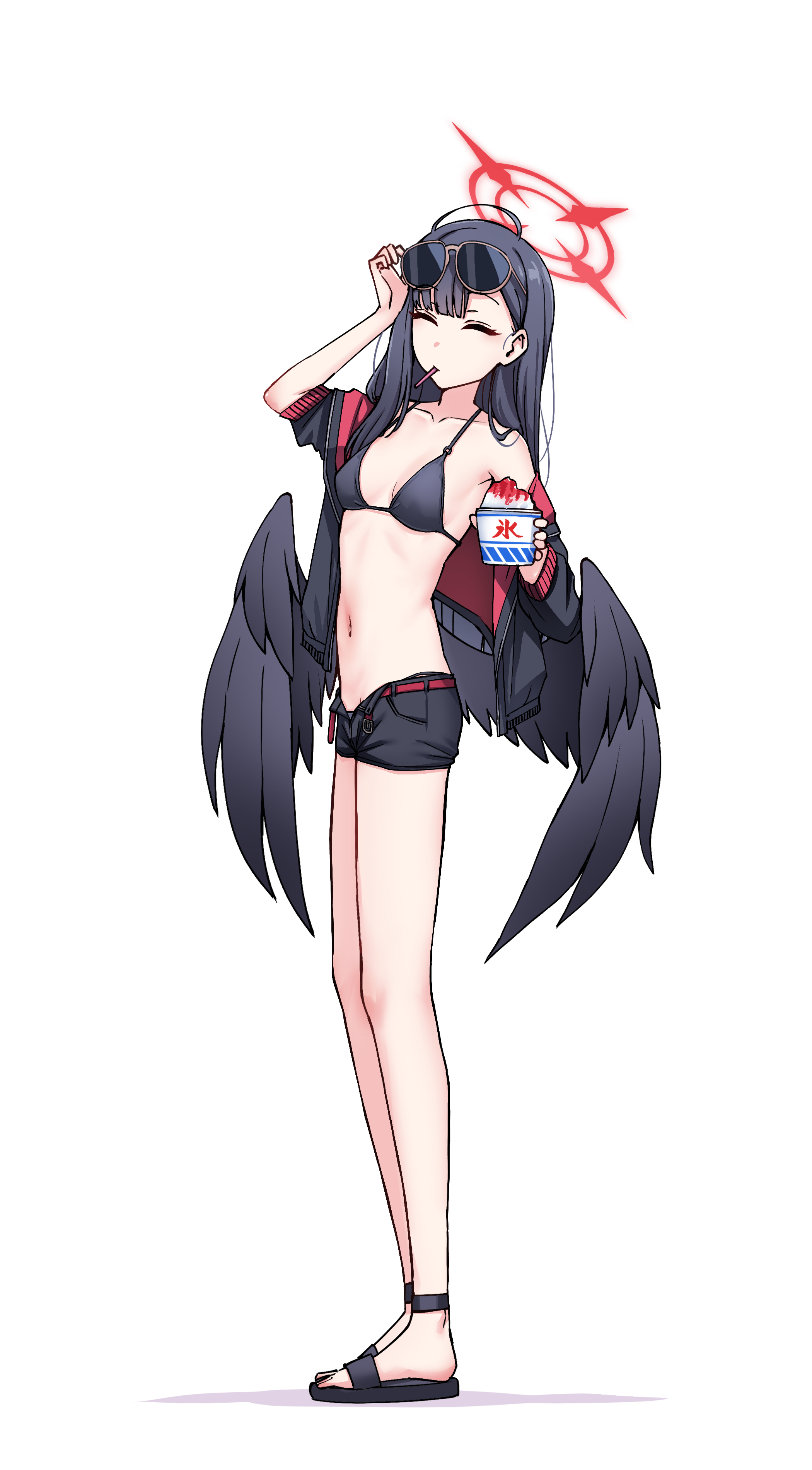 kiritto, ichika (blue archive), ichika (swimsuit) (blue archive), blue archive, absurdres, highres, 1girl, belt, bikini, bikini under shorts, black bikini, black hair, black shorts, black wings, closed eyes, eyewear on head, feathered wings, food, from side, full body, halo, jacket, long hair, low wings, mouth hold, o-ring, o-ring bikini, o-ring top, open clothes, open jacket, open shorts, red belt, red halo, sandals, shaved ice, shorts, solo, sunglasses, swimsuit, white background, wings