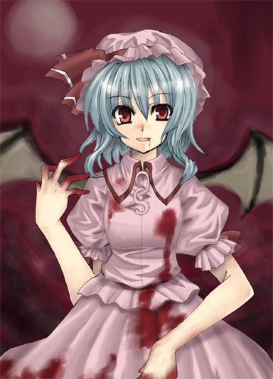 purgatorial red, remilia scarlet, touhou, 1girl, bat wings, blood, blood on clothes, female focus, solo, wings