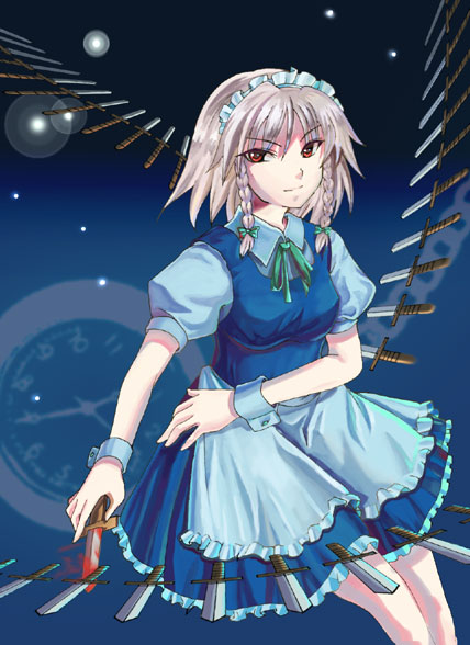 purgatorial red, izayoi sakuya, touhou, silver hair, 1girl, braid, female focus, knife, short hair, solo, throwing knife, twin braids, weapon