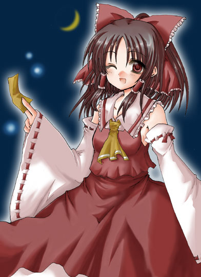 purgatorial red, hakurei reimu, touhou, 1girl, ;d, ascot, brown eyes, brown hair, collar, detached sleeves, female focus, frills, hair tubes, holding, long sleeves, looking at viewer, one eye closed, open mouth, sidelocks, smile, solo, wide sleeves