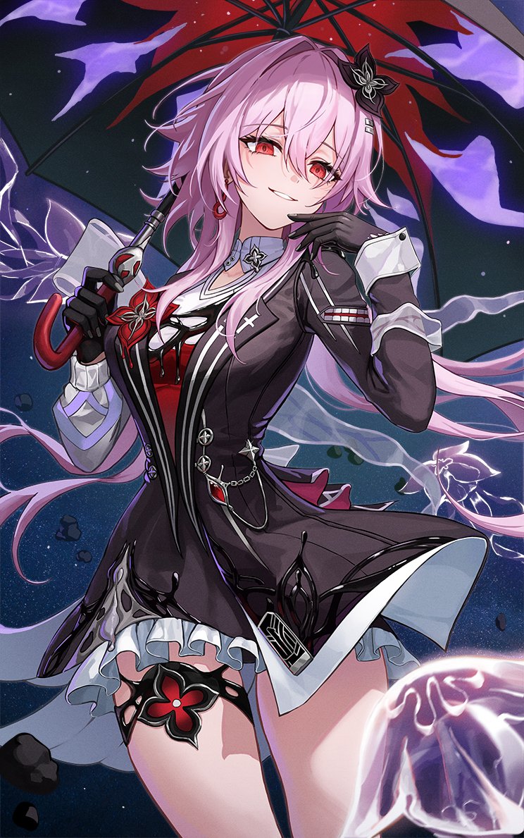 mookyuu9, evernight (honkai: star rail), march 7th (honkai: star rail), honkai: star rail, honkai (series), commentary, symbol-only commentary, 1girl, black background, black dress, black gloves, black umbrella, breasts, dress, evil smile, flower, flower ornament, gloves, hair flower, hair ornament, hands up, holding, holding umbrella, light particles, long hair, looking at viewer, medium breasts, pink hair, red eyes, red flower, smile, solo, umbrella