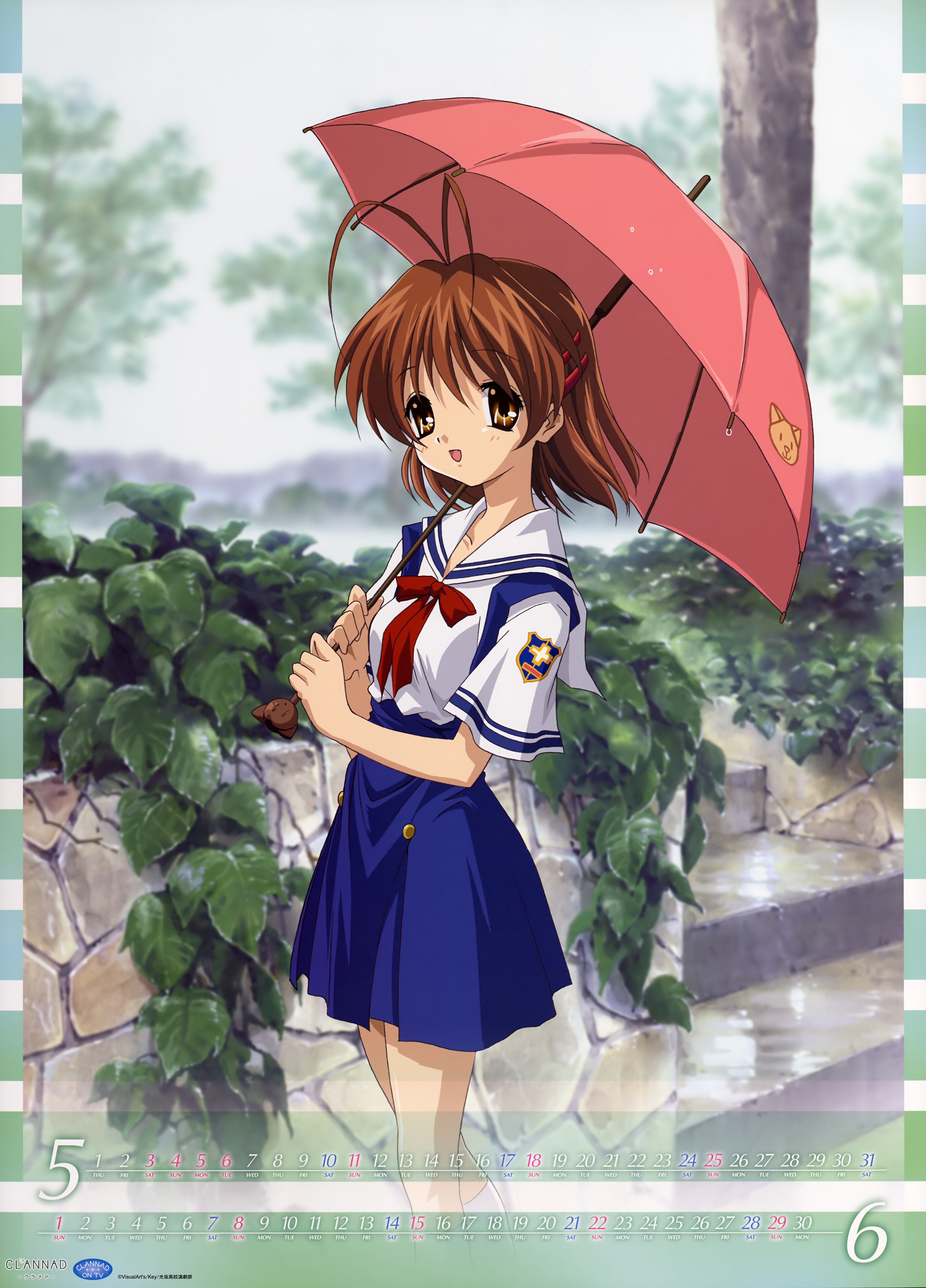 furukawa nagisa, clannad, key (company), absurdres, highres, official art, 00s, 1girl, 2008, blue skirt, blush, bow, bowtie, breasts, brown eyes, brown hair, calendar, collarbone, female focus, hair ornament, hairclip, holding, june, looking at viewer, may, open mouth, rain, red bow, red bowtie, school uniform, serafuku, shirt, short hair, short sleeves, skirt, sky, small breasts, smile, socks, solo, stairs, standing, suspender skirt, suspenders, tree, umbrella, white shirt, white socks