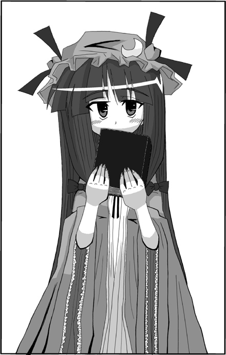 hikami shou, patchouli knowledge, touhou, 1girl, blush, book, book to mouth, covering own mouth, dress, expressionless, female focus, frills, greyscale, hat, head tilt, holding, holding book, jitome, looking at viewer, mob cap, monochrome, simple background, solo, white background