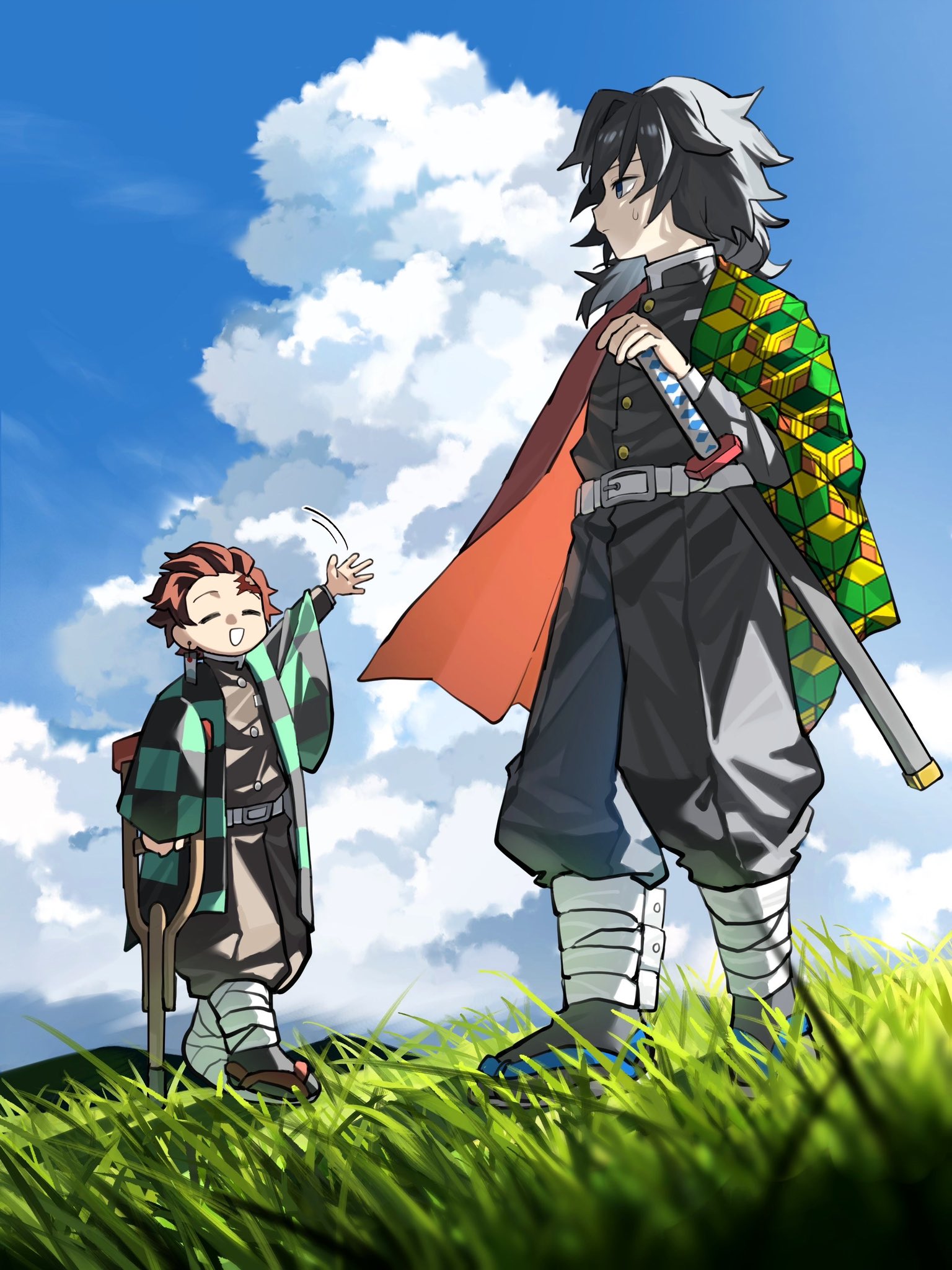 macchavanilla, kamado tanjirou, tomioka giyuu, kimetsu no yaiba, highres, 2boys, belt, black hair, black jacket, black pants, blue eyes, blue sky, brown hair, buttons, closed eyes, cloud, cloudy sky, demon slayer uniform, gold buttons, grass, hand up, haori, holding, holding sword, holding weapon, jacket, japanese clothes, katana, kikkoumon, low ponytail, male focus, multiple boys, pants, ponytail, print haori, profile, red haori, short hair, sky, spiked hair, standing, sweatdrop, sword, walking, waving, weapon, white belt