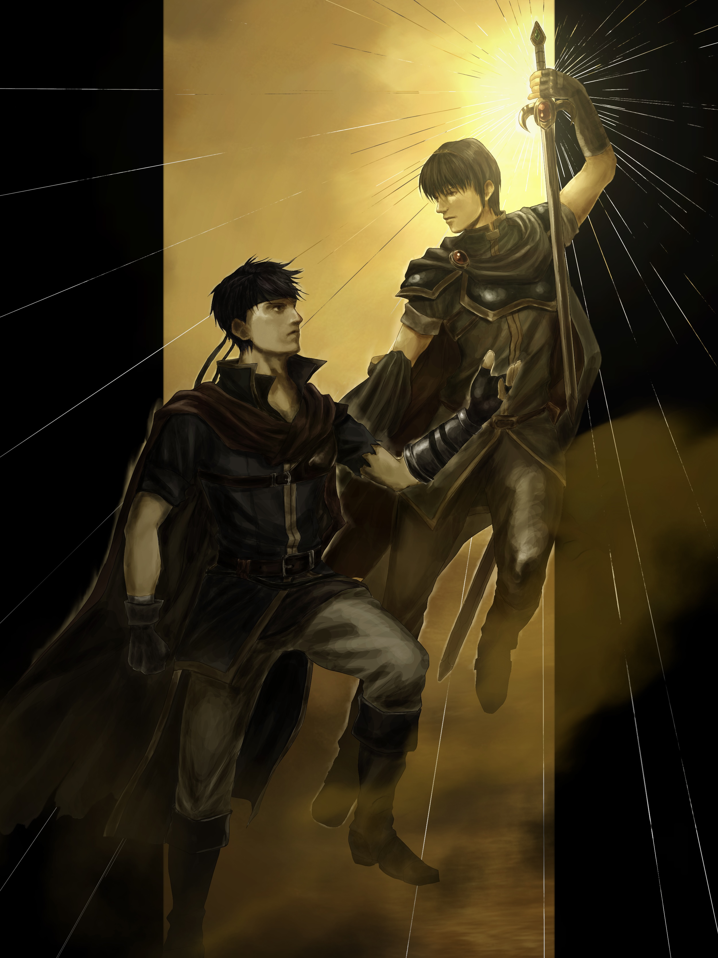 ike (fire emblem), marth (fire emblem), fire emblem, fire emblem: mystery of the emblem, fire emblem: path of radiance, nintendo, super smash bros., absurdres, commentary request, highres, 2boys, cape, fenekia, headband, holding, holding sword, holding weapon, male focus, multiple boys, short hair, sword, tiara, weapon