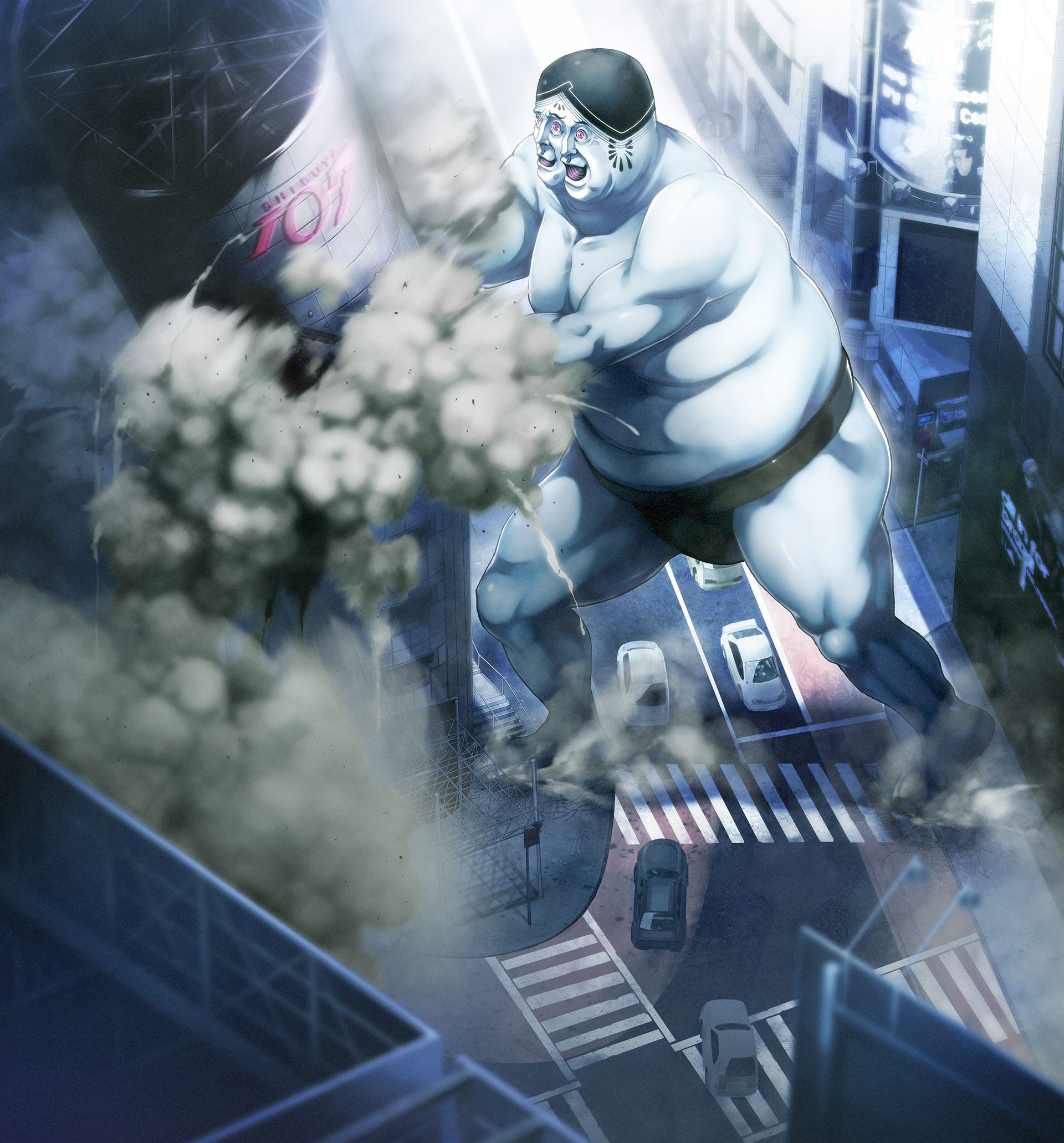sasaki mutsumi, chaos;child, science adventure, game cg, highres, non-web source, official art, 1boy, building, city, cityscape, cloud, crushing, day, fat, fat man, giant, motor vehicle, outdoors, scenery, shibuya 109, sky, sumo, sumo sticker (chaos;child)