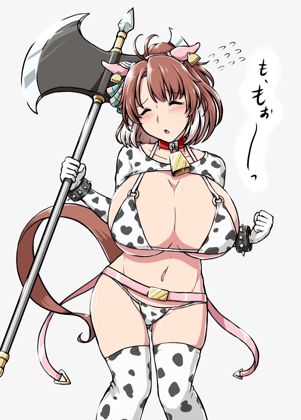 deno (denomina0), dantsu flame (umamusume), umamusume, commentary request, highres, 1girl, alternate costume, animal ears, animal print, axe, belt, bikini, boots, bow, breasts, brown hair, cow print, cow print bikini, cow print thighhighs, ear covers, ear ribbon, ear tag, full body, holding, holding axe, holding weapon, horse ears, horse girl, horse tail, huge breasts, multicolored hair, pink belt, print bikini, print thighhighs, short hair, simple background, solo, standing, swimsuit, tail, thighhighs, two-tone hair, weapon, white background, white boots, white hair, white thighhighs