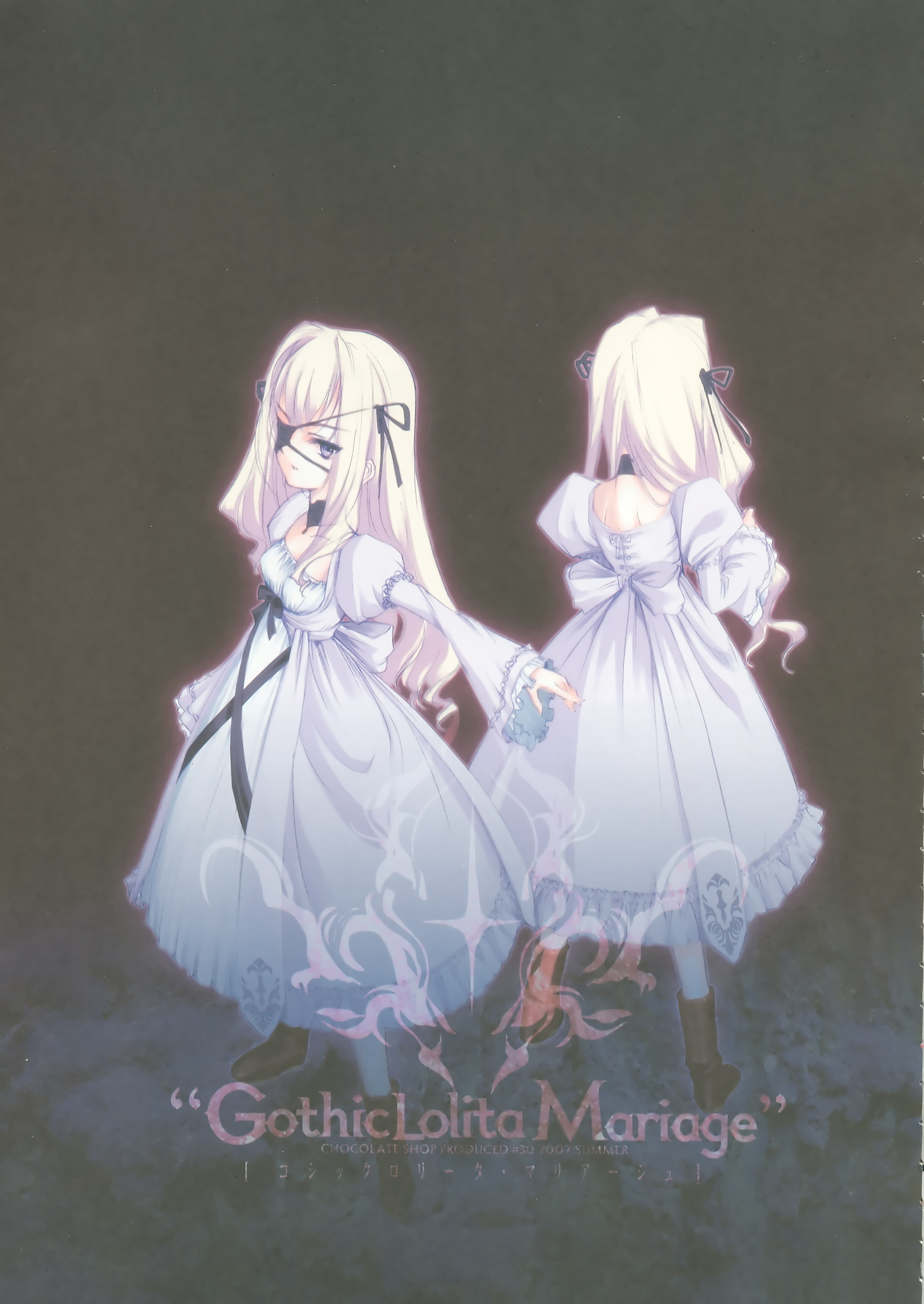 choco (chocolate shop), dorothea (chocolate shop), gothic lolita (choco), gothic lolita mariage, absurdres, highres, 1girl, blonde hair, dress, eyepatch, gothic lolita, lolita fashion, matching outfits