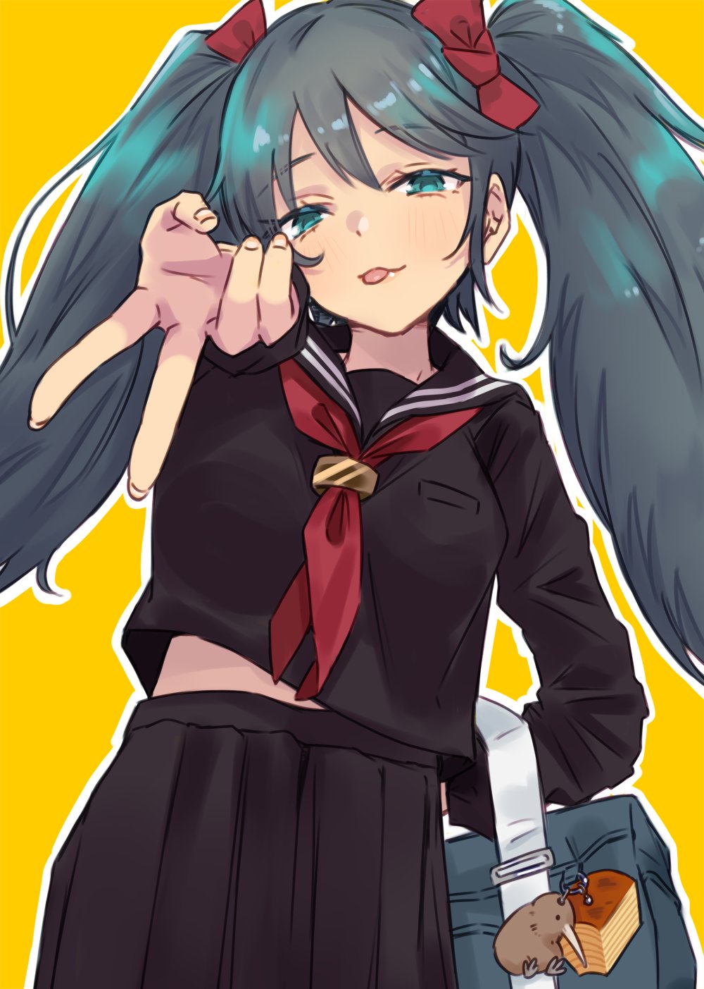 alakoala, isuzu (kancolle), kantai collection, commentary request, highres, 1girl, alternate costume, bag, bird, black serafuku, black shirt, black skirt, green eyes, grey hair, gyaru v, kiwi (bird), long hair, long sleeves, pleated skirt, sailor collar, sailor shirt, school bag, school uniform, serafuku, shirt, skirt, solo, tongue, tongue out, twintails, v, winter uniform, yellow background