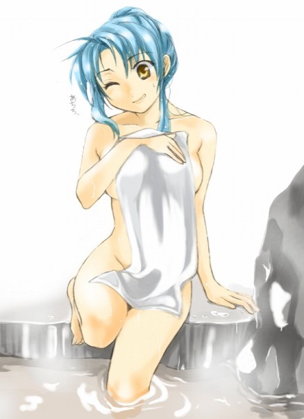 ichijou tenko, chidori kaname, full metal panic!, 00s, 1girl, blue hair, brown eyes, female focus, hair bun, no panties, nude, one eye closed, onsen, single hair bun, solo, towel, wink, yellow eyes