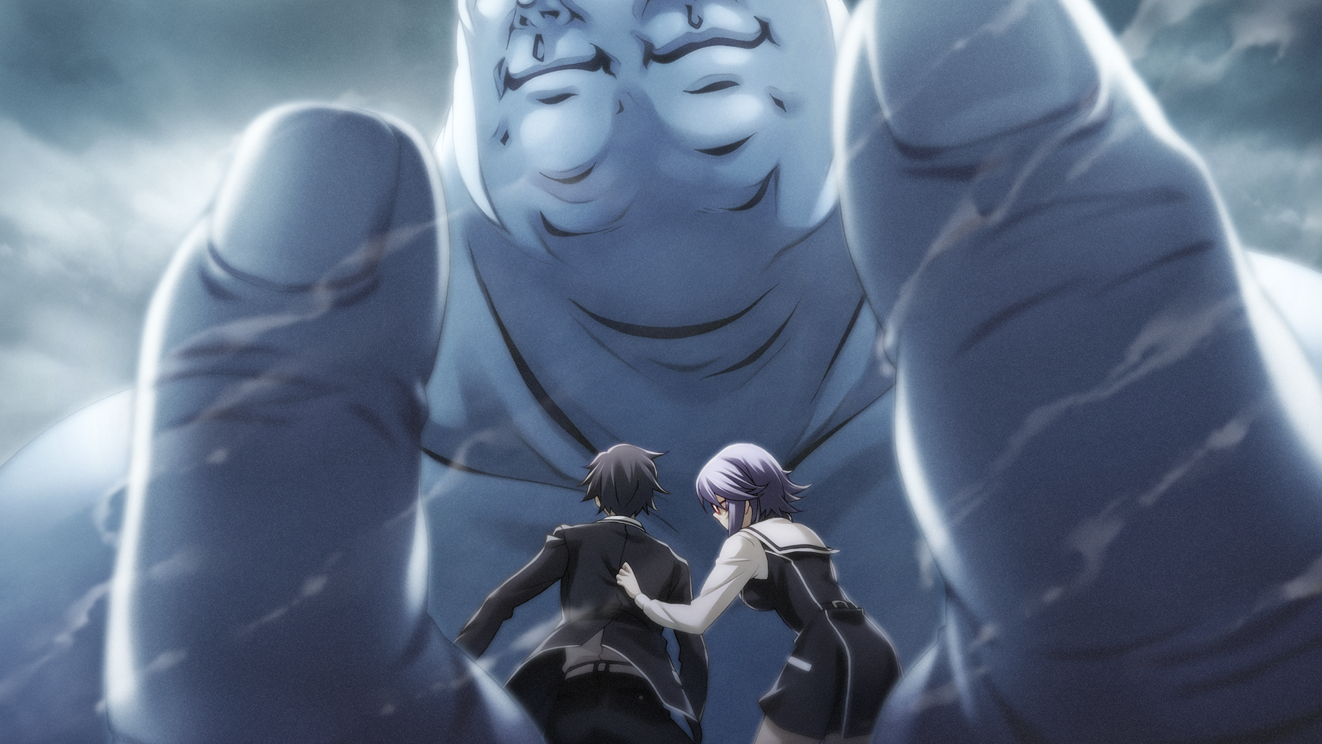 sasaki mutsumi, kazuki hana, miyashiro takuru, chaos;child, science adventure, game cg, highres, non-web source, official art, 1girl, 2boys, belt, black hair, black jacket, black pants, blazer, blue hair, breasts, cloud, day, dress shirt, dress vest, fat, fat man, from behind, giant, glasses, hekiho academy school uniform, jacket, large breasts, leaning forward, miniskirt, multiple boys, no jacket, opaque glasses, outdoors, pants, pulling another's clothes, red-framed eyewear, sailor collar, sailor shirt, school uniform, shirt, skirt, sky, sumo, sumo sticker (chaos;child), white belt, white sailor collar, white shirt